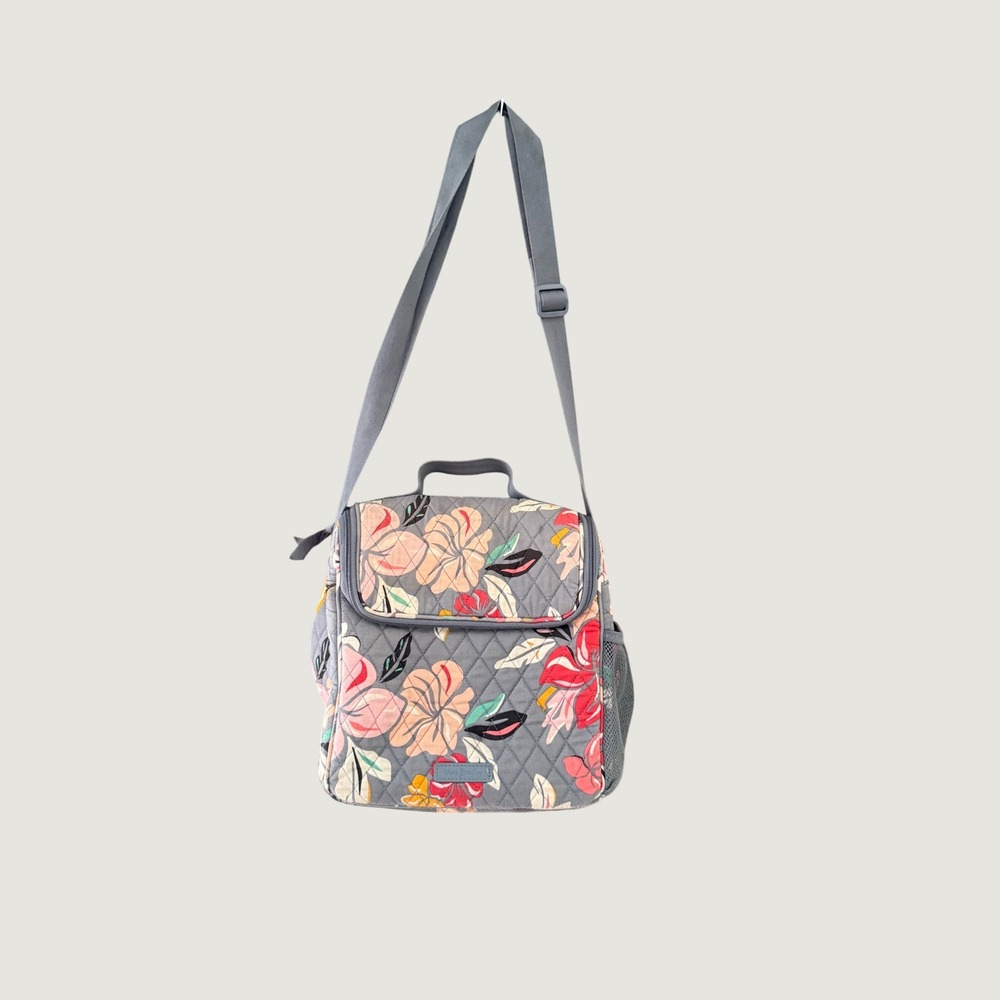 Vera Bradley Quilted Tropical Floral Insulated Lunch Bag Gray Crossbody Strap